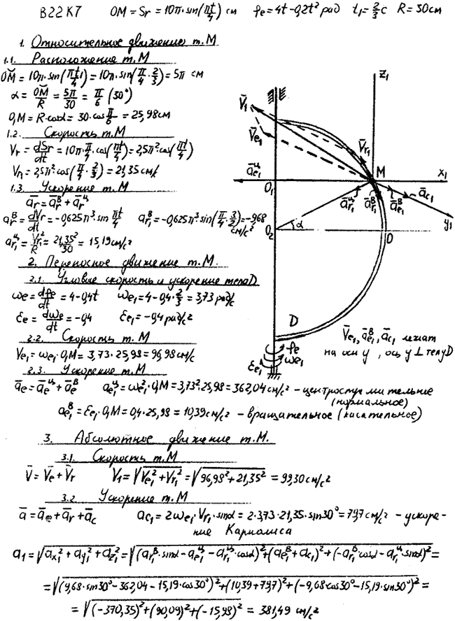 Задание К.7 вариант 22. OM=10π sin πt/4); φe(t =4t-0,2t^2; t1=2/3 c; R=30 см;