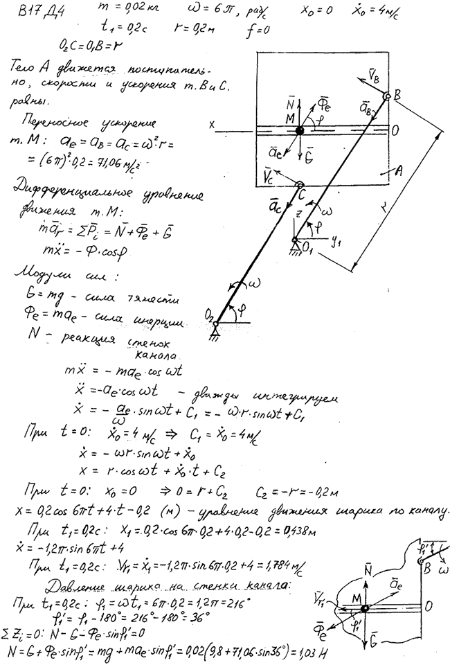 Задание Д.4 вариант 17. m=0,02 кг; ω=6 π рад/с; x0=0 м; x0\'=4,0 м/с; t1=0,2 с; rh=0,20 м; f=0