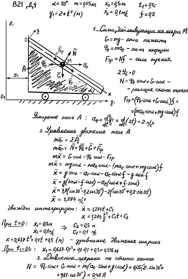 Задание Д.4 вариант 21. α=30 град; m=0,05 кг; x0=0,5 м; x0\'=0,1 м/с; t1=0,1 с; y1=2 + t^2 M ; f=0,2