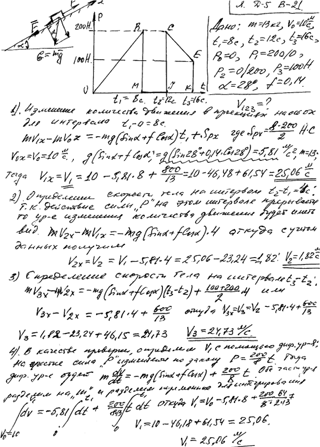 Задание Д.5 вариант 21. m=13 кг; v0=10,0 м/с; t1=8 с; t2=12 с; t3=16 с; P0=0 Н; P1=200/0 Н; P2=0/200 Н; P3=100 Н; α=28 град; f=0,14