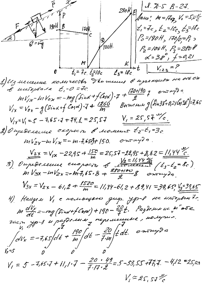Задание Д.5 вариант 27. m=17 кг; v0=5,0 м/с; t1=7 с; t2=10 с; t3=18 с; P0=190 Н; P1=170/0 Н; P2=100 Н; P3=280 Н; α=38 град; f=0,21