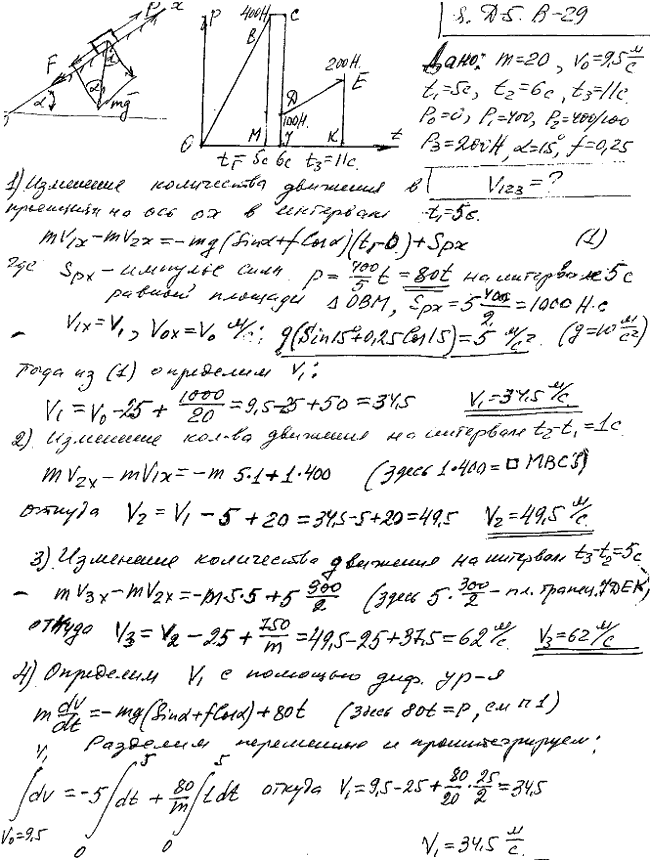Задание Д.5 вариант 29. m=20 кг; v0=9,5 м/с; t1=5 с; t2=6 с; t3=11 с; P0=0 Н; P1=400 Н; P2=400/100 Н; P3=200 Н; α=15 град; f=0,25