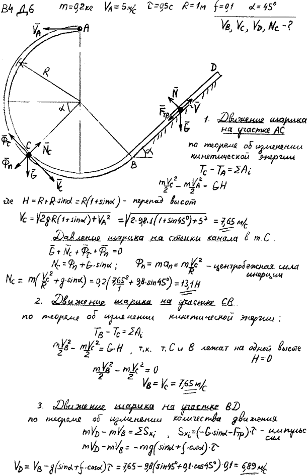 Задание Д.6 вариант 4. m=0,2 кг; vA=5 м/с; τ=0,5 с; R=1,0 м; f=0,10; α=45 град; определить дополнительно: vD