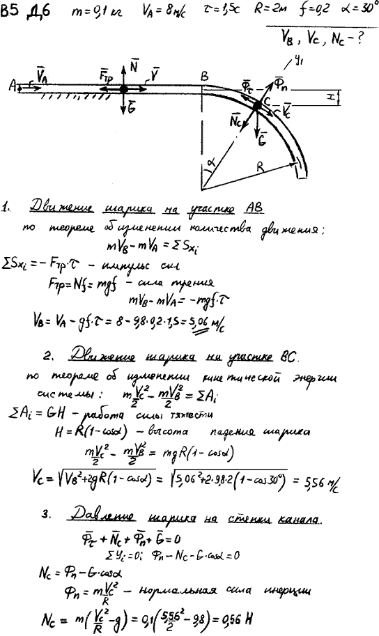 Задание Д.6 вариант 5. m=0,1 кг; vA=8 м/с; τ=1,5 с; R=2,0 м; f=0,20; α=30 град;