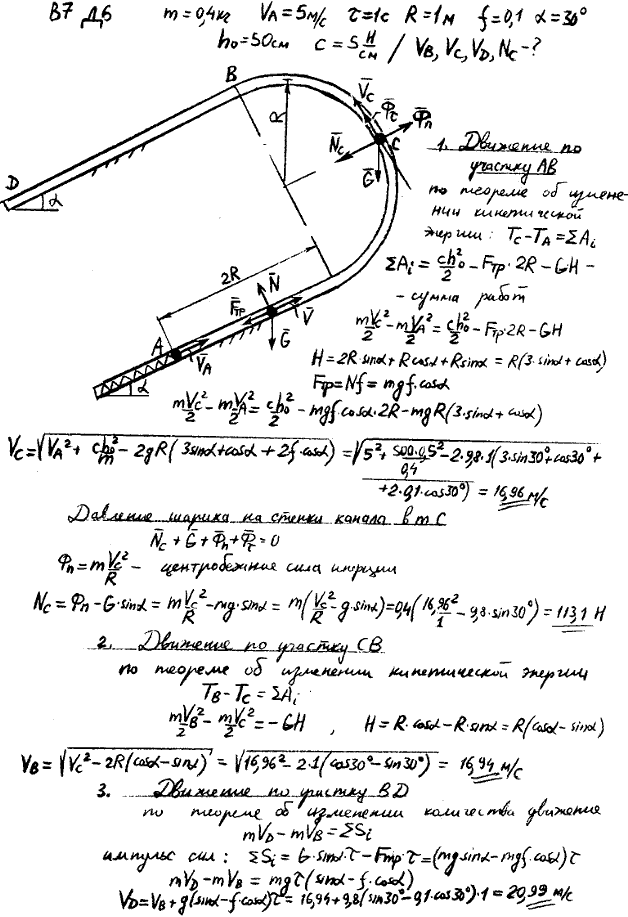 Задание Д.6 вариант 7. m=0,4 кг; vA=5 м/с; τ=1,0 с; R=1,0 м; f=0,10; α=30 град; h0=50 см; c=5 Н/см; определить дополнительно: vD