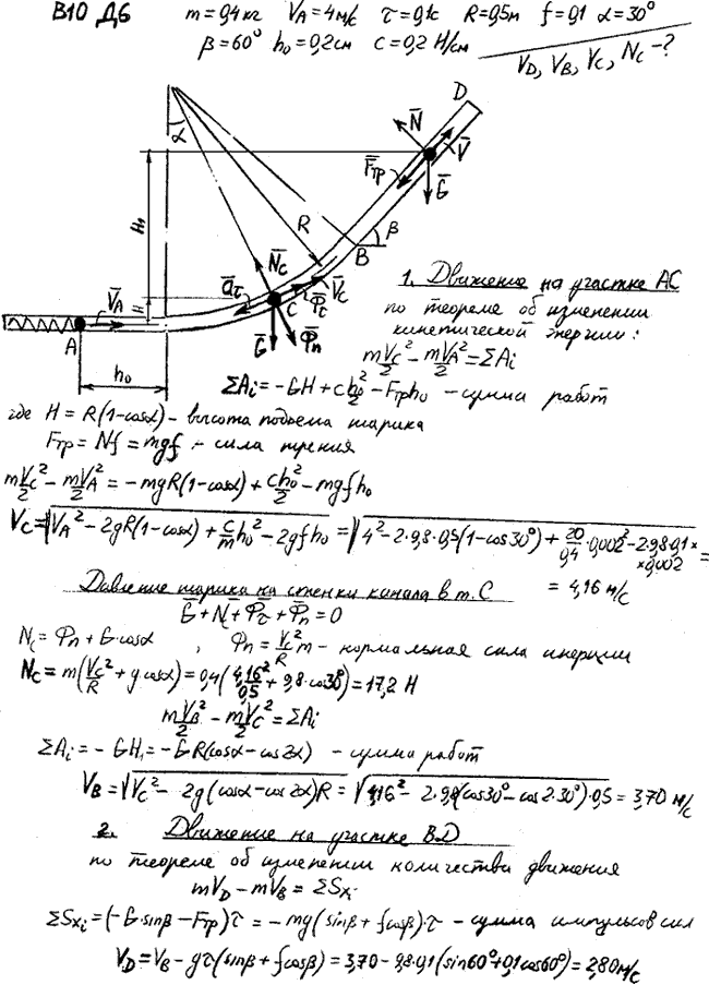 Задание Д.6 вариант 10. m=0,4 кг; vA=4 м/с; τ=0,1 с; R=0,5 м; f=0,10; α=30 град; β=60 град; h0=0,2 см; c=0,2 Н/см; определить дополнительно