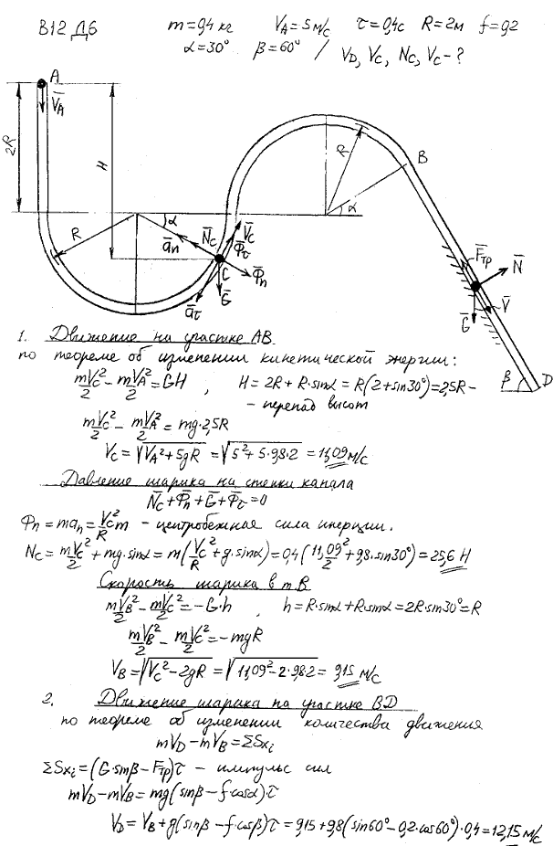 Задание Д.6 вариант 12. m=0,4 кг; vA=5 м/с; τ=0,4 с; R=2,0 м; f=0,20; α=30 град; β=60 град; определить дополнительно: vD