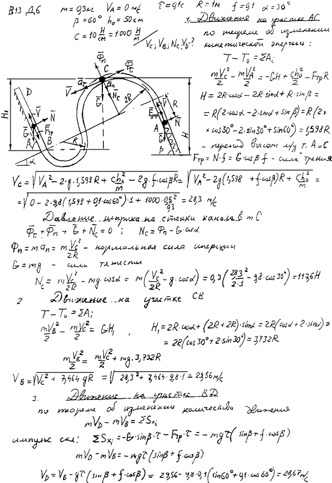 Задание Д.6 вариант 13. m=0,3 кг; vA=0 м/с; τ=0,1 с; R=1,0 м; f=0,10; α=30 град; β=60 град; h0=50 см; c=10 Н/см; определить дополнительно: v