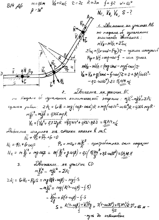 Задание Д.6 вариант 14. m=0,6 кг; vA=0 м/с; τ=2,0 с; R=3,0 м; f=0,20; α=60 град; β=30 град; определить дополнительно: S