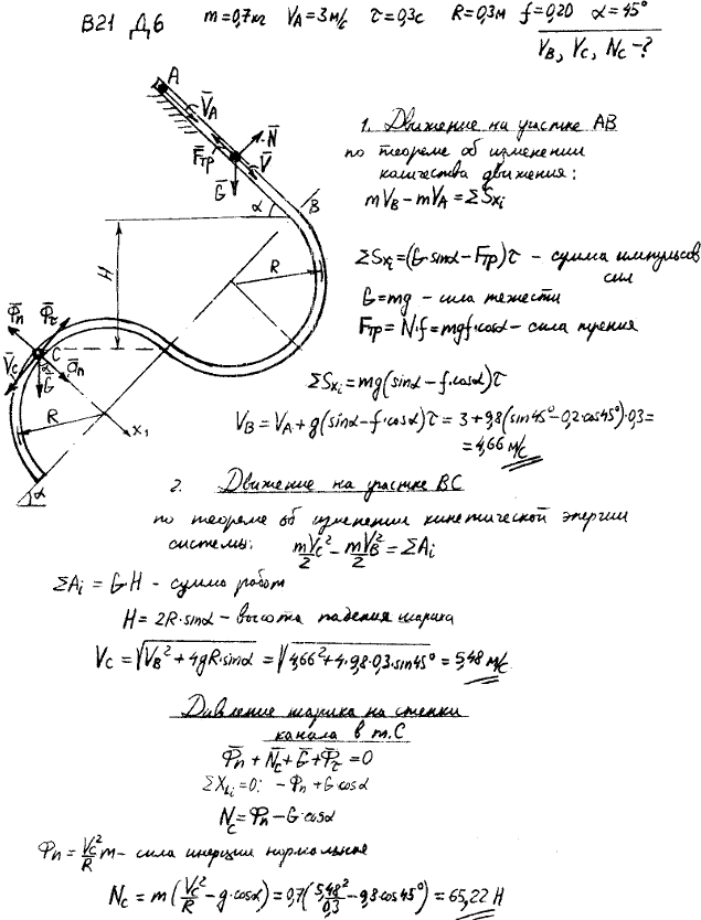 Задание Д.6 вариант 21. m=0,7 кг; vA=3 м/с; τ=0,3 с; R=0,3 м; f=0,20; α=45 град;