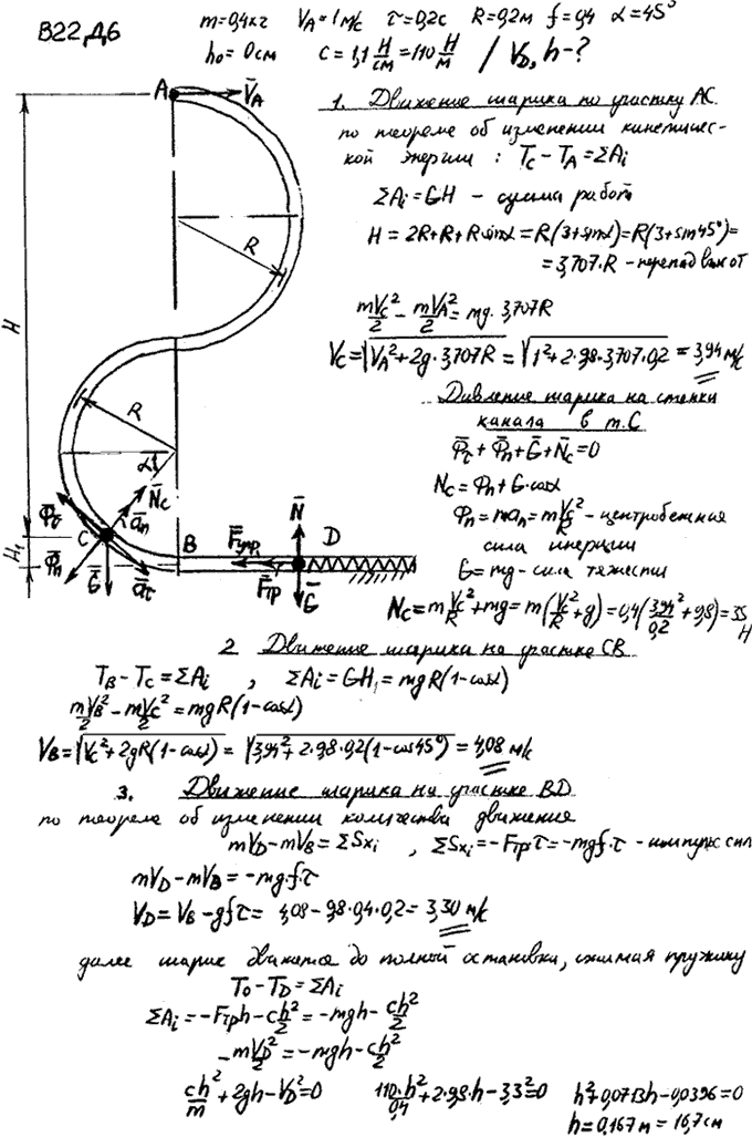 Задание Д.6 вариант 22. m=0,4 кг; vA=1 м/с; τ=0,2 с; R=0,2 м; f=0,40; α=45 град; h0=0 см; c=1,1 Н/см; определить дополнительно: vD, h