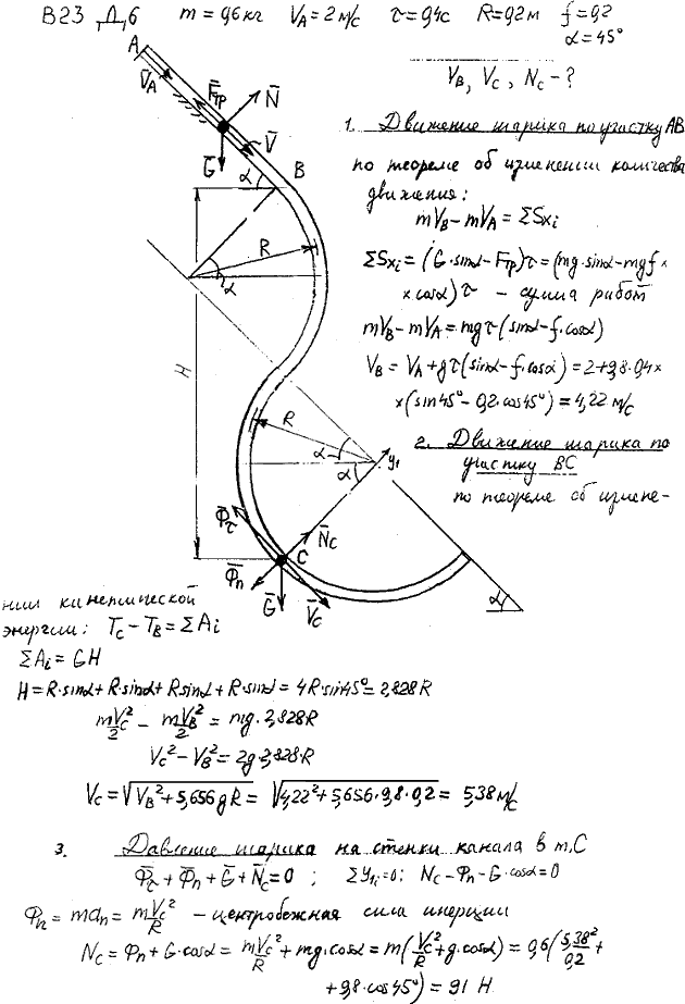 Задание Д.6 вариант 23. m=0,6 кг; vA=2 м/с; τ=0,4 с; R=0,2 м; f=0,20; α=45 град;
