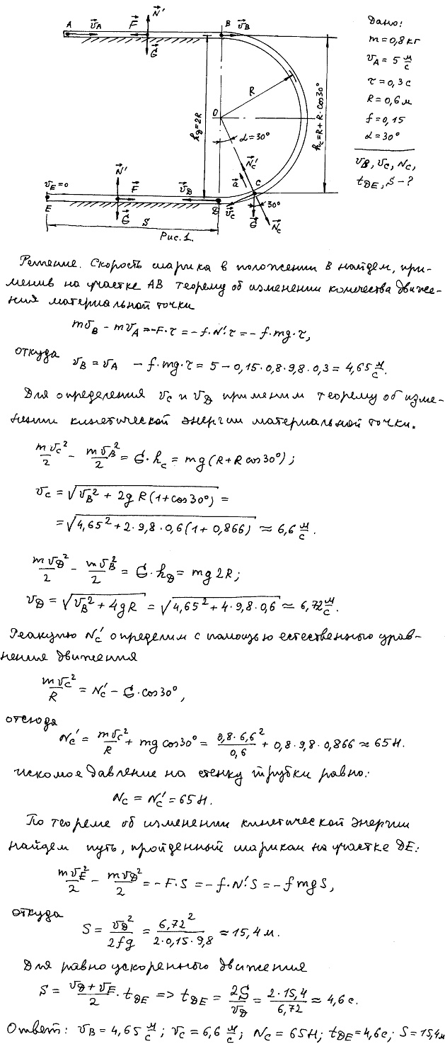 Задание Д.6 вариант 30. m=0,8 кг; vA=5 м/с; τ=0,3 с; R=0,6 м; f=0,15; α=30 град; Определить дополнительно: tDE
