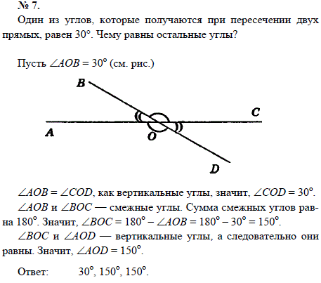 Один из углов, которые получаются при пересечении двух прямых, равен 30°. Чему равны остальные углы