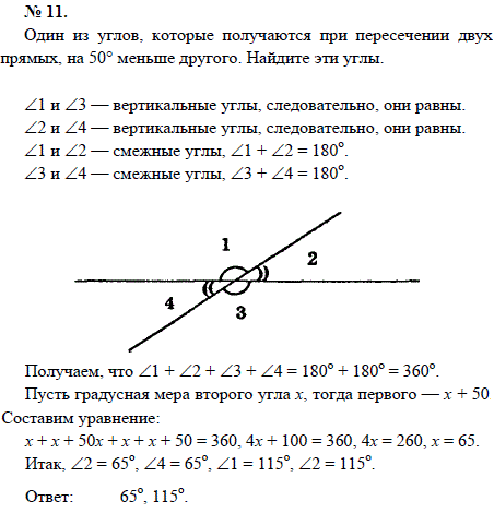 Один из углов, которые получаются при пересечении двух прямых, на 50° меньше другого. Найдите эти углы