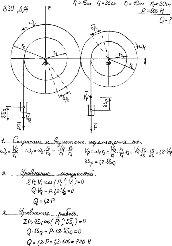 Задание Д.14 вариант 30. r1=15 см, r2=36 см, r3=10 см, r4=20 см P=600 Н, подлежит определению: Q;