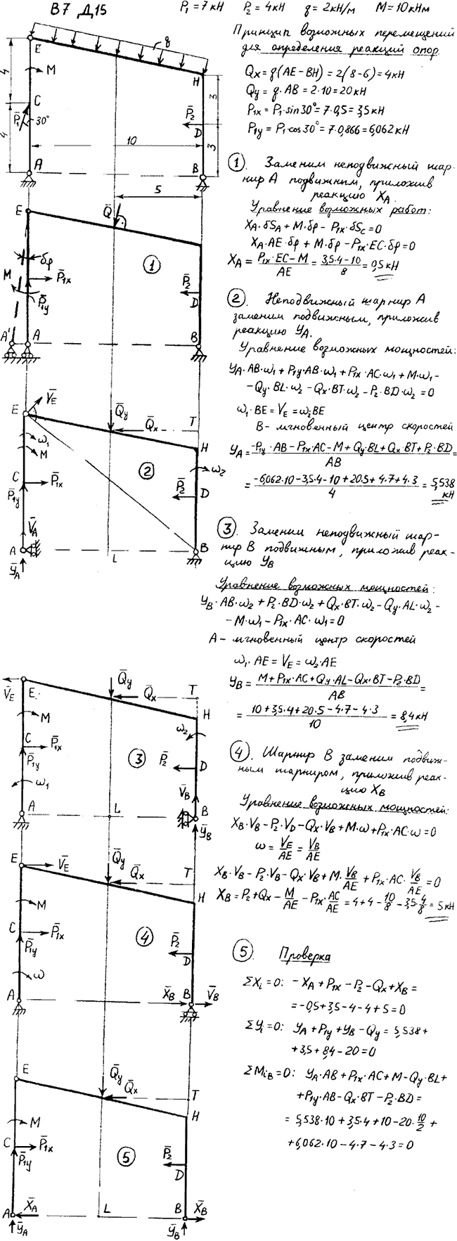 Задание Д.15 вариант 7. P1=7 кН, P2=4 кН, q=2 кН/м, M=10 кН*м
