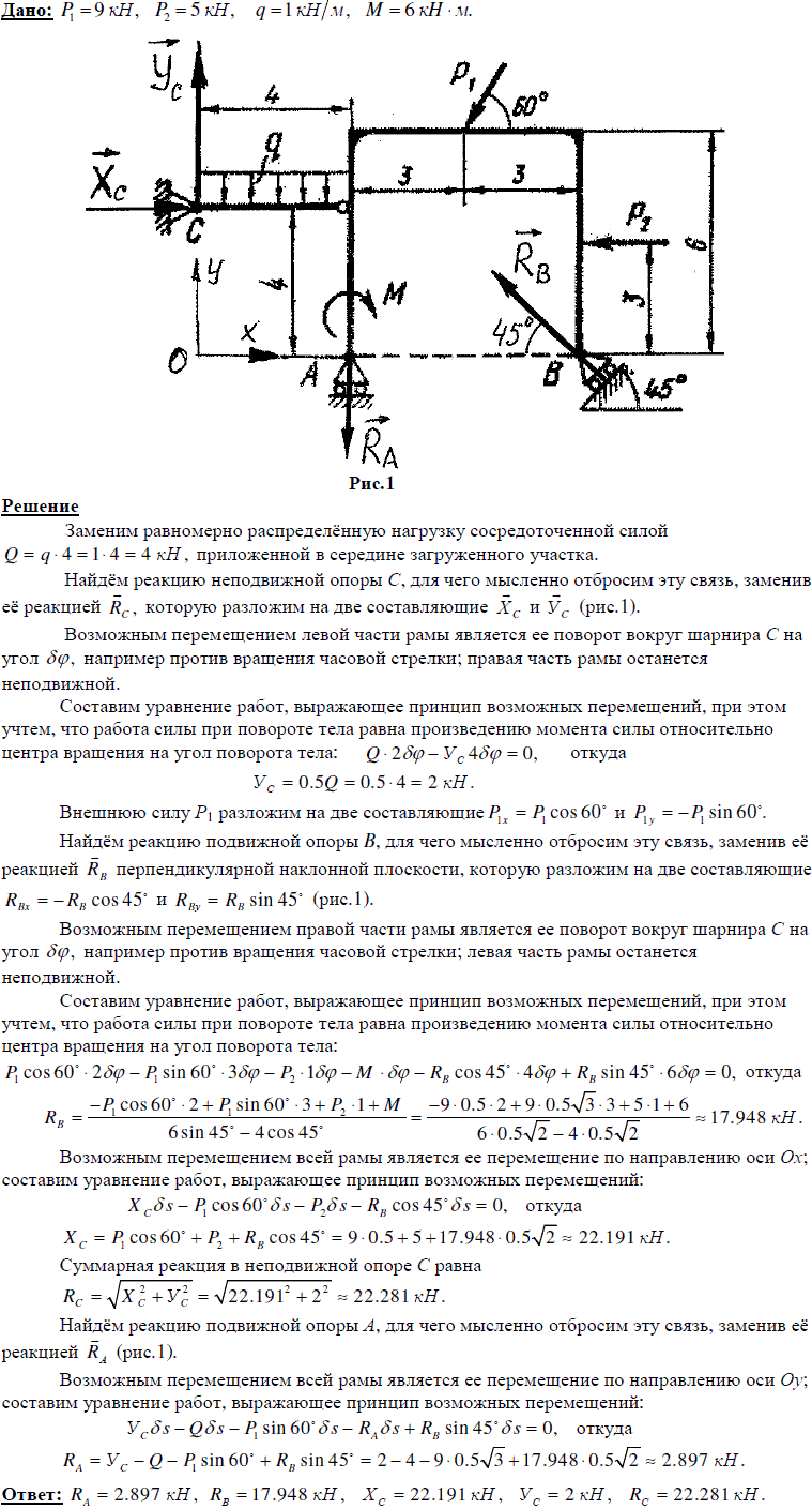 Задание Д.15 вариант 13. P1=9 кН, P2=5 кН, q=1 кН/м, M=6 кН*м