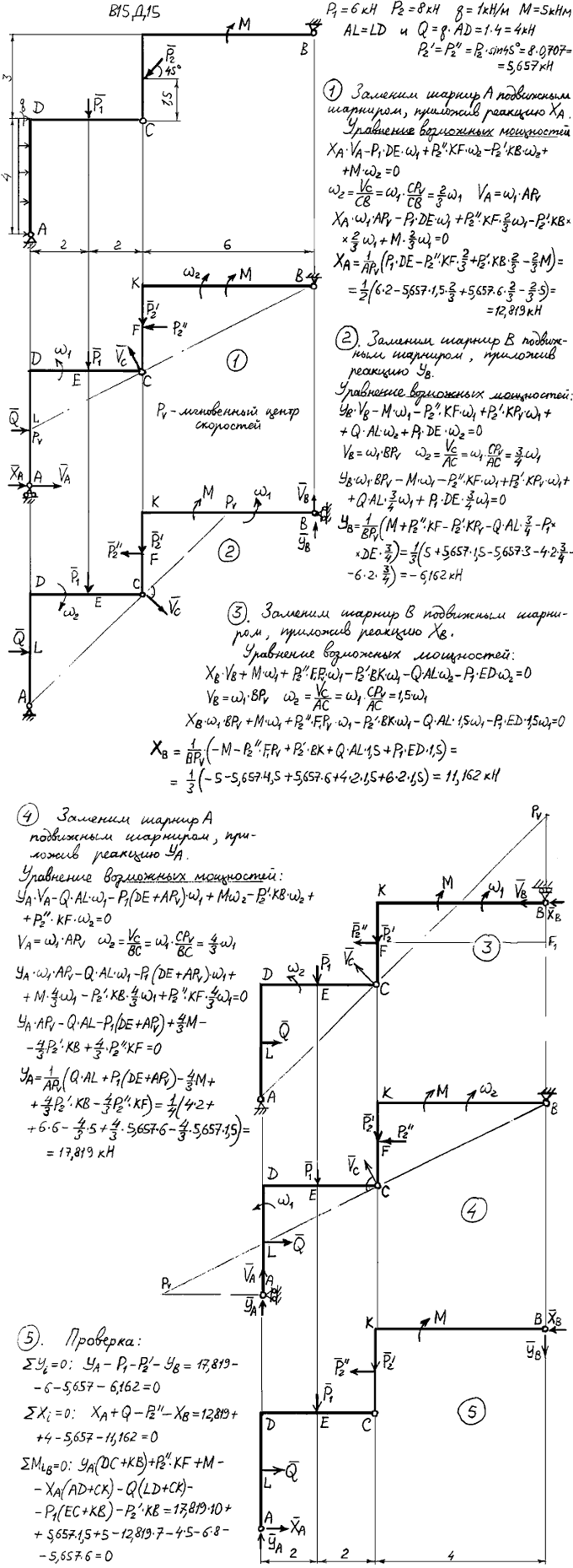 Задание Д.15 вариант 15. P1=6 кН, P2=8 кН, q=1 кН/м, M=5 кН*м