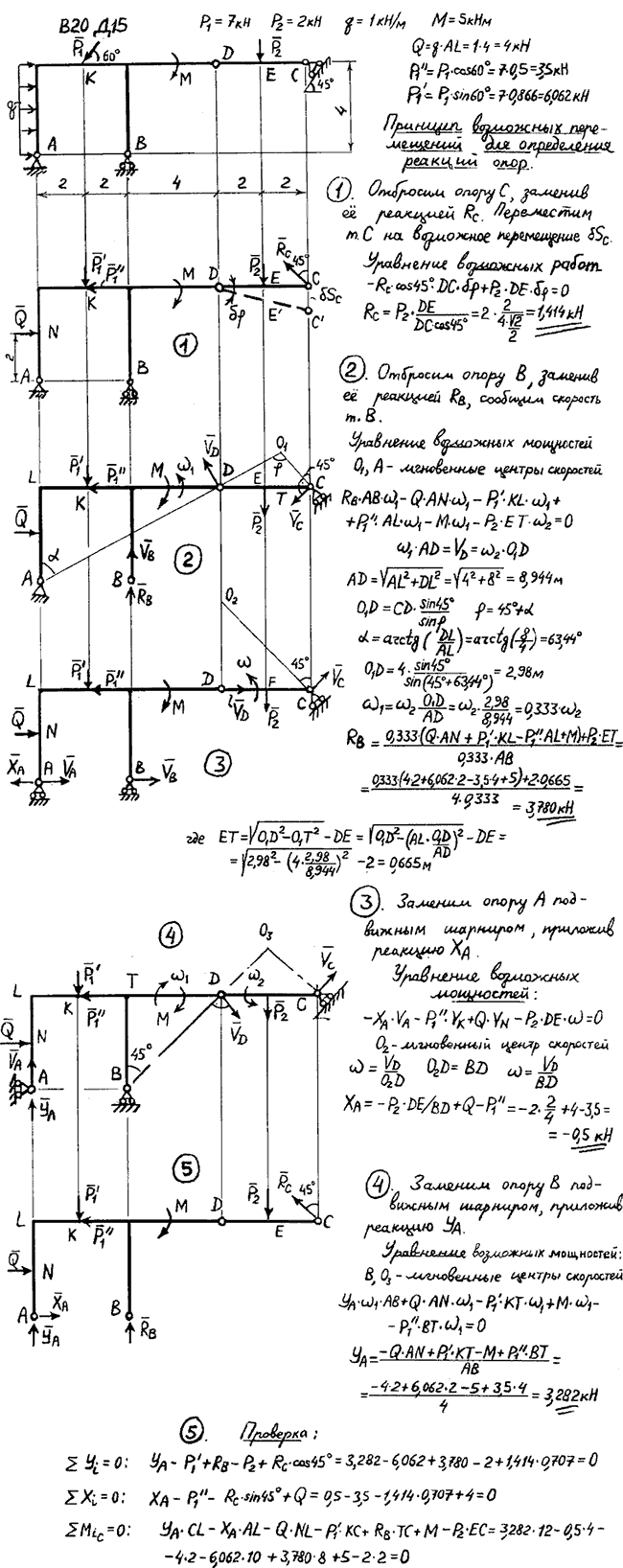 Задание Д.15 вариант 20. P1=7 кН, P2=2 кН, q=1 кН/м, M=5 кН*м