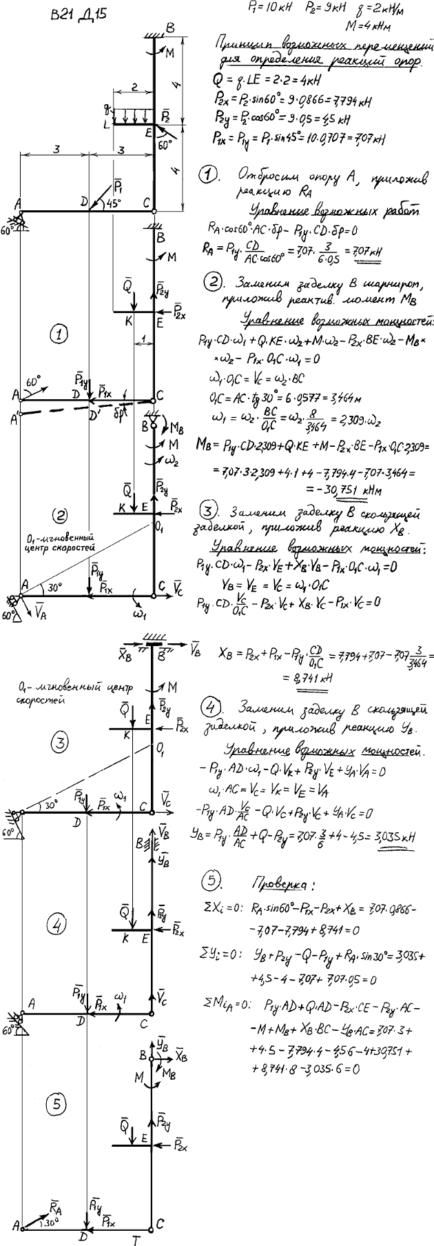 Задание Д.15 вариант 21. P1=10 кН, P2=9 кН, q=2 кН/м, M=4 кН*м