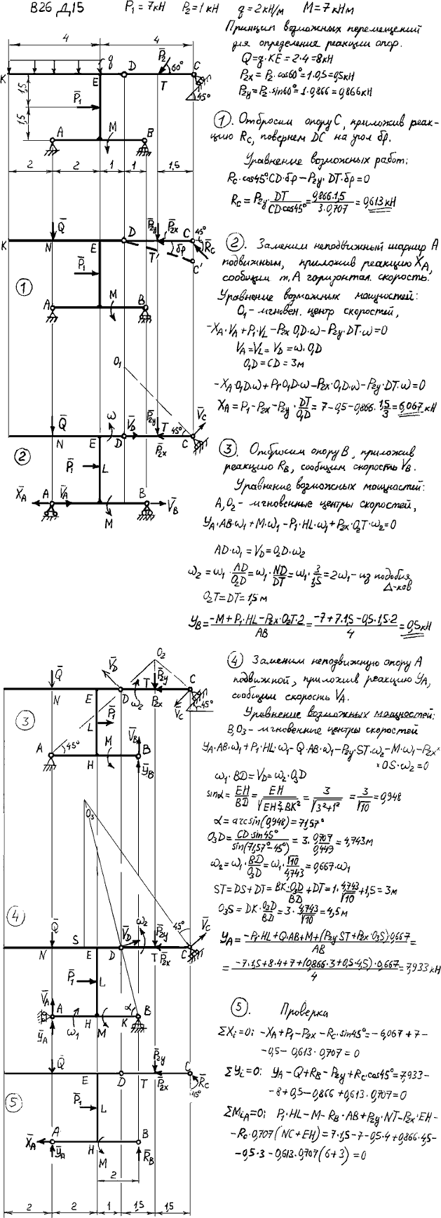Задание Д.15 вариант 26. P1=7 кН, P2=1 кН, q=2 кН/м, M=7 кН*м