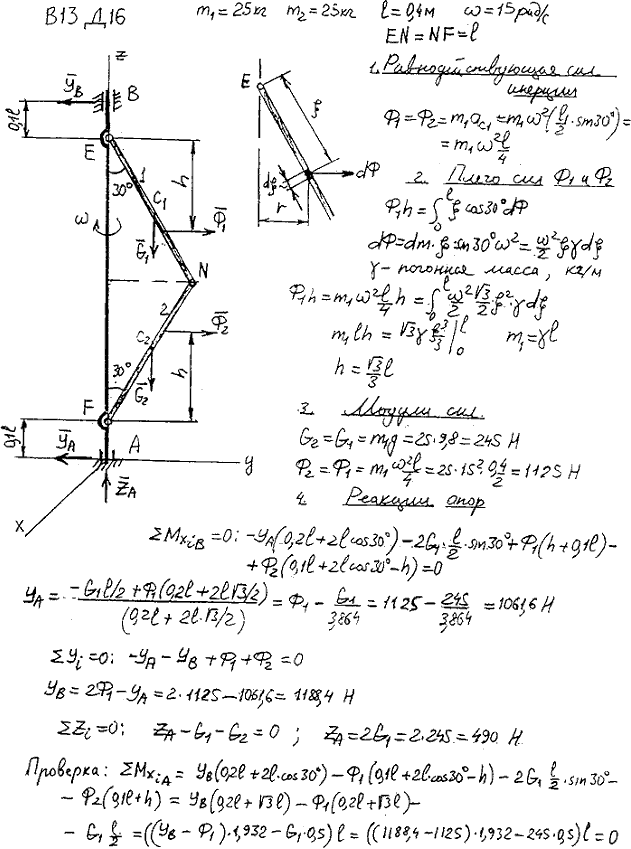 Задание Д.16 вариант 13. m1=25 кг; m2=25 кг; l=0,40 м; ω=15 рад/с;