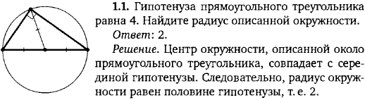 Гипотенуза прямоугольного треугольника равна 4. Найдите радиус описанной окружности.