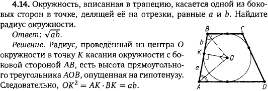 Окружность, вписанная в трапецию, касается одной из боковых сторон в точке, делящей её на отрезки, равные a и b. Найдите радиус окружности