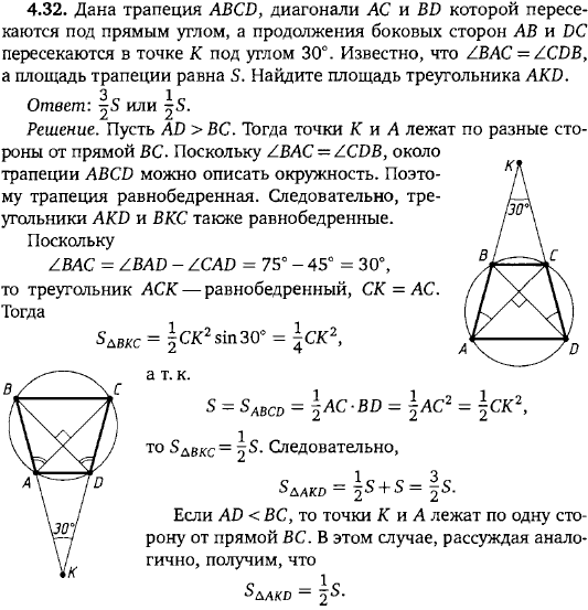 Дана трапеция ABCD, диагонали AC и BD которой пересекаются под прямым углом, а продолжения боковых сторон AB и DC пересекаются в точке K под