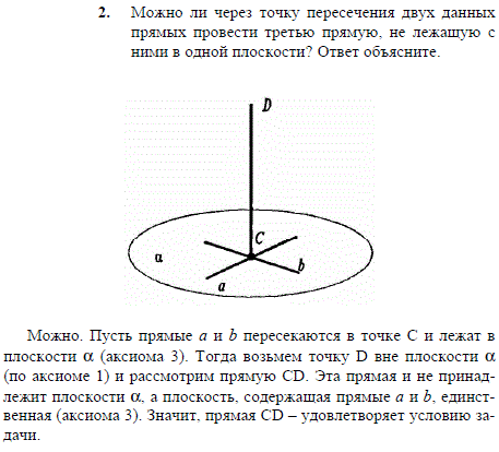Можно ли через точку пересечения двух данных прямых провести третью прямую, не лежащую с ними в одной плоскости? Ответ объясните.