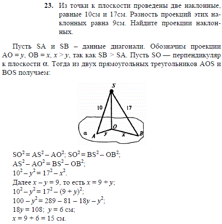 Из точки к плоскости проведены две наклонные, равные 10 см и 17 см. Разность проекций этих наклонных равна 9 см. Найдите проекции наклонных