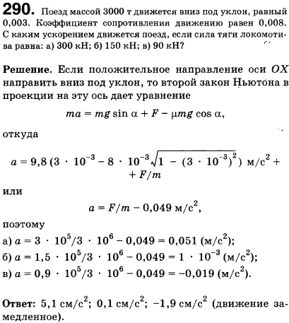 Поезд массой 3000 т движется вниз под уклон, равный 0,003. Коэффициент сопротивления движению равен 0,008. С каким ускорением движется поезд