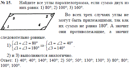 Найдите все углы параллелограмма, если сумма двух из них равна: 1) 80°; 2) 100°; 3) 160°.