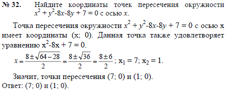Найдите координаты точек пересечения окружности x^2 + y2-8x-8y + 7=0 с осью x.