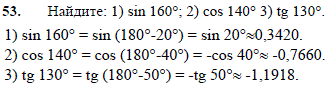 Найдите: 1) sin 160°; 2) cos 140° 3) tg 130°.