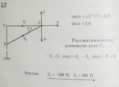Уличный фонарь веса 300 Н подвешен к вертикальному столбу с помощью горизонтальной поперечины AC=1,2 м и подкоса BC=1,5 м. Найти усилия S1 и