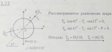 Однородный шар веса 10 Н удерживается в равновесии двумя тросами AB и CD, расположенными в одной вертикальной плоскости и составляющими один