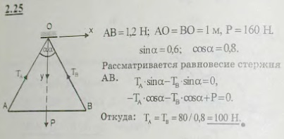 Однородный стержень AB веса 160 Н, длины 1,2 м подвешен в точке C на двух тросах AC и CB одинаковой длины, равной 1 м. Определить натяжения 