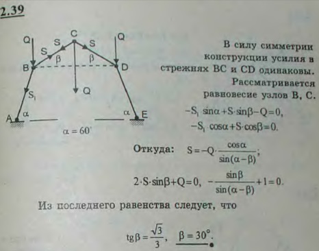 Стержневой шарнирный многоугольник состоит из четырех равных стержней; концы A и E шарнирно закреплены; узлы B, C и D нагружены одинаковой вертикальной