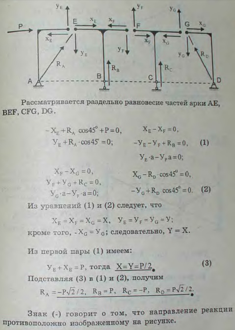 Дана система, состоящая из четырех арок, размеры которых указаны на рисунке. Определить реакции опор A, B, C и D, возникающие при действии горизонтальной
