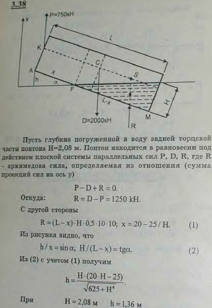 Для осмотра на плаву днища понтона водоизмещением D=2000 кН его носовая оконечность поднимается краном грузоподъемности P=750 кН. Принимая удельный
