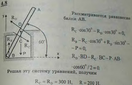 Однородная балка AB веса 200 Н опирается на гладкий горизонтальный пол в точке B под углом 60° и, кроме того, поддерживается двумя опорами C