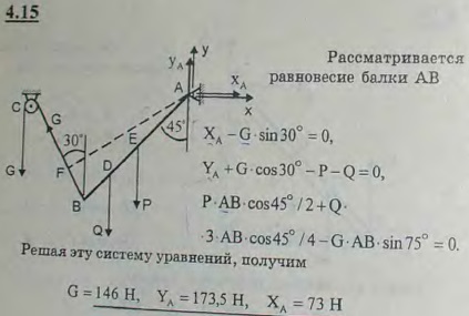 Однородная балка AB веса P=100 Н прикреплена к стене шарниром A и удерживается под углом 45° к вертикали при помощи троса, перекинутого через