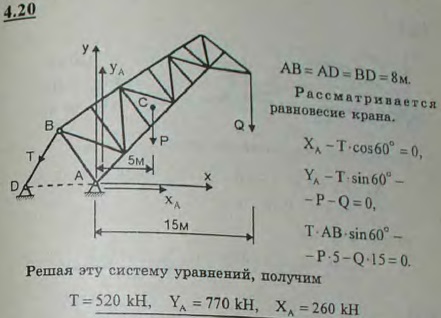 Кран имеет шарниры в точках A, B и D, причем AB=AD=BD=8 м. Центр тяжести фермы крана находится на расстоянии 5 м от вертикали, проходящей через