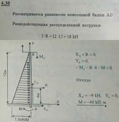 Определить реакции заделки консольной балки, изображенной на рисунке и находящейся под действием пары сил и распределенной нагрузки, изменяющейся