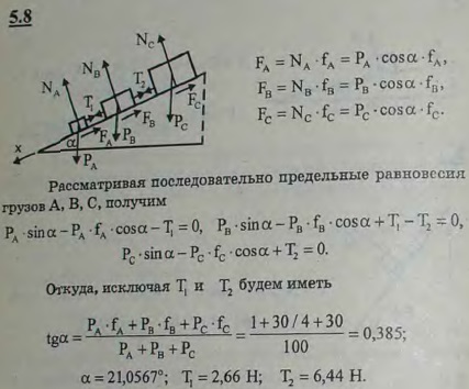 Три груза A, B, C веса 10 Н, 30 Н и 60 Н соответственно лежат на плоскости, наклоненной под углом α к горизонту. Грузы соединены тросами, как