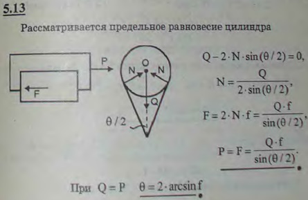 Цилиндр A лежит в направляющих B, поперечное сечение которых-симметричный клин с углом раствора θ. Коэффициент трения между цилиндром A и направляющей