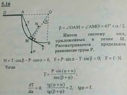 Груз B веса P удерживается с помощью троса BAD в равновесии при подъеме по шероховатой поверхности, имеющей форму четверти кругового цилиндра