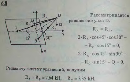 Груз Q веса 1 кН подвешен в точке D, как указано на рисунке. Крепления стержней в точках A, B и D шарнирные. Определить реакции опор A, B и 